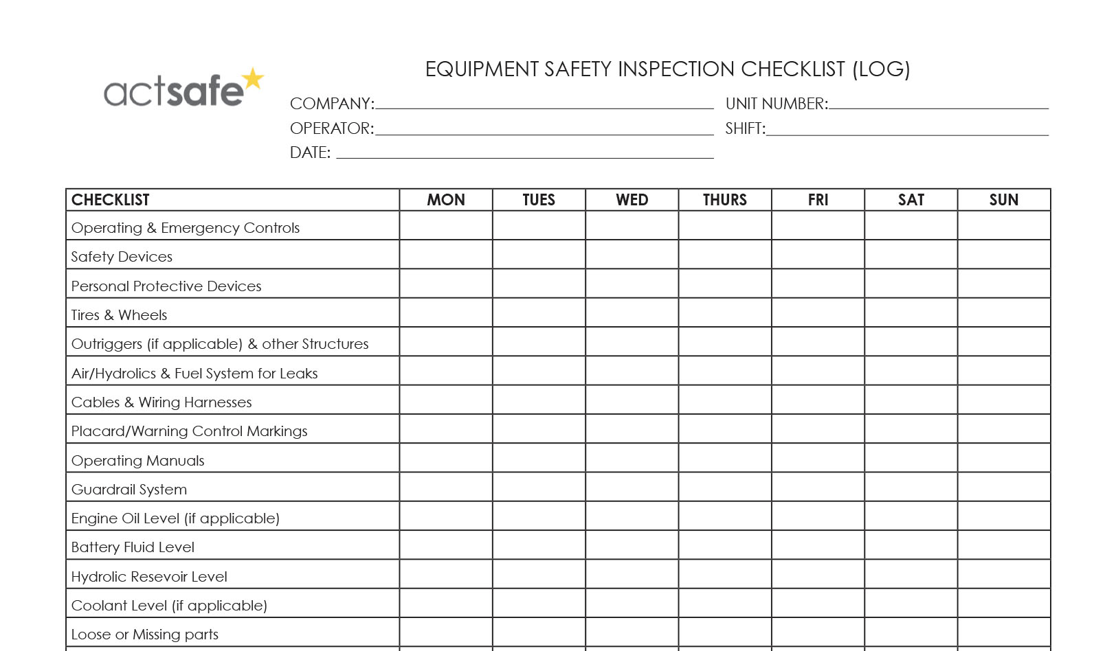 Equipment Safety Inspection Checklist PDF 