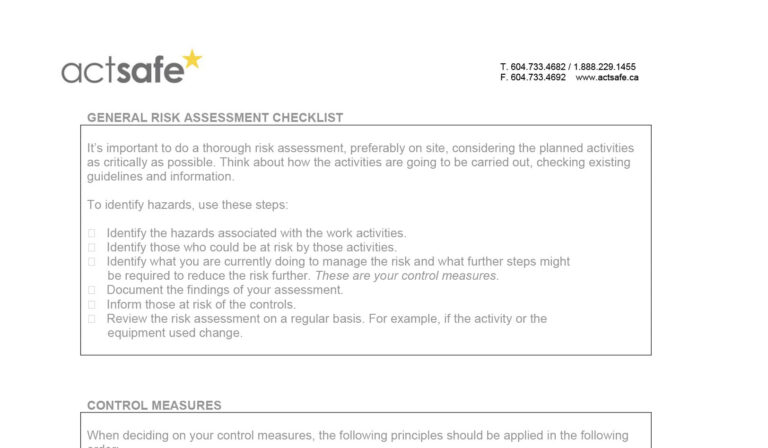 General Risk Assessment Checklist Actsafe Safety Association 