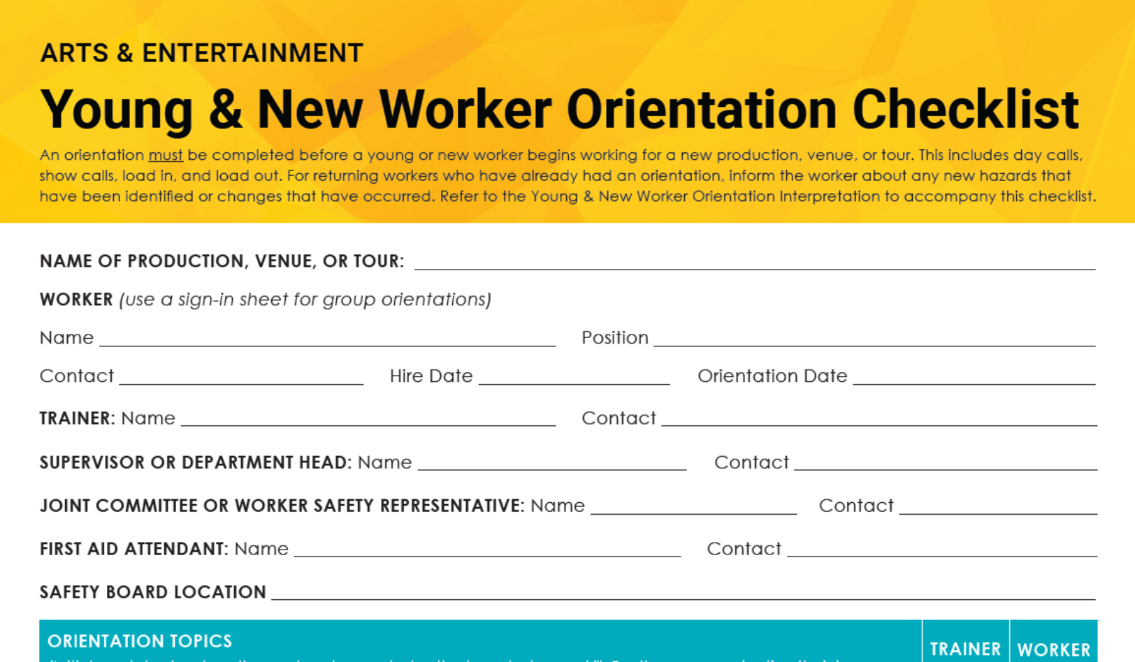 Young and New Worker Orientation Checklist