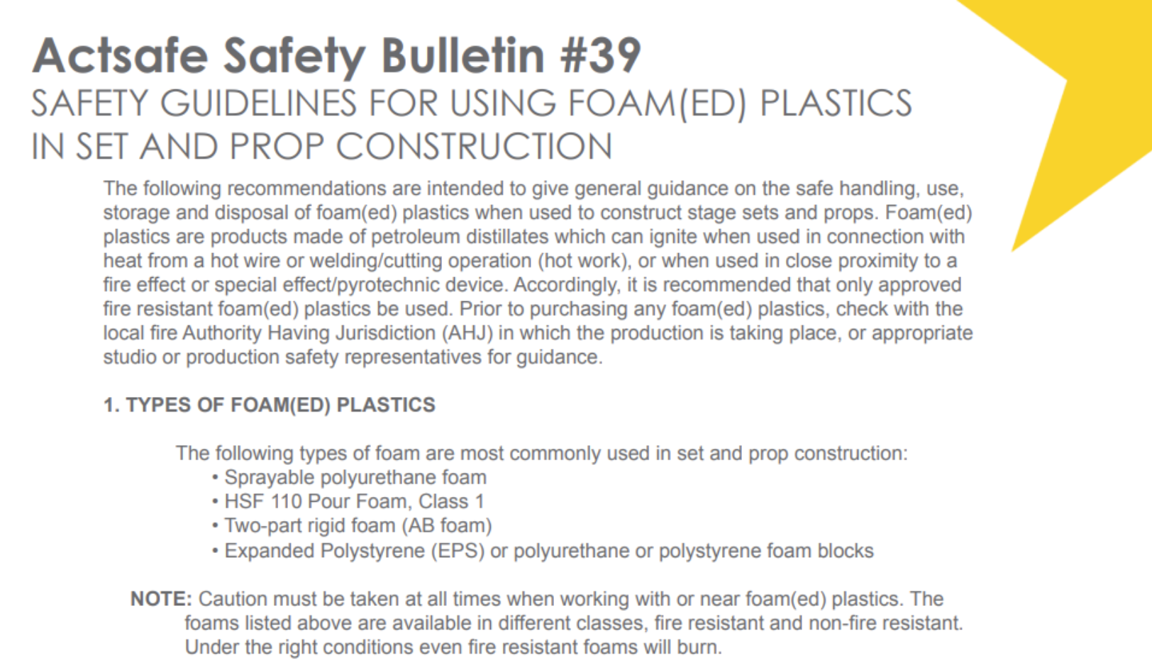 Safety Guidelines for Using Foam(ed) Plastics in Set and Prop Construction – Motion Picture